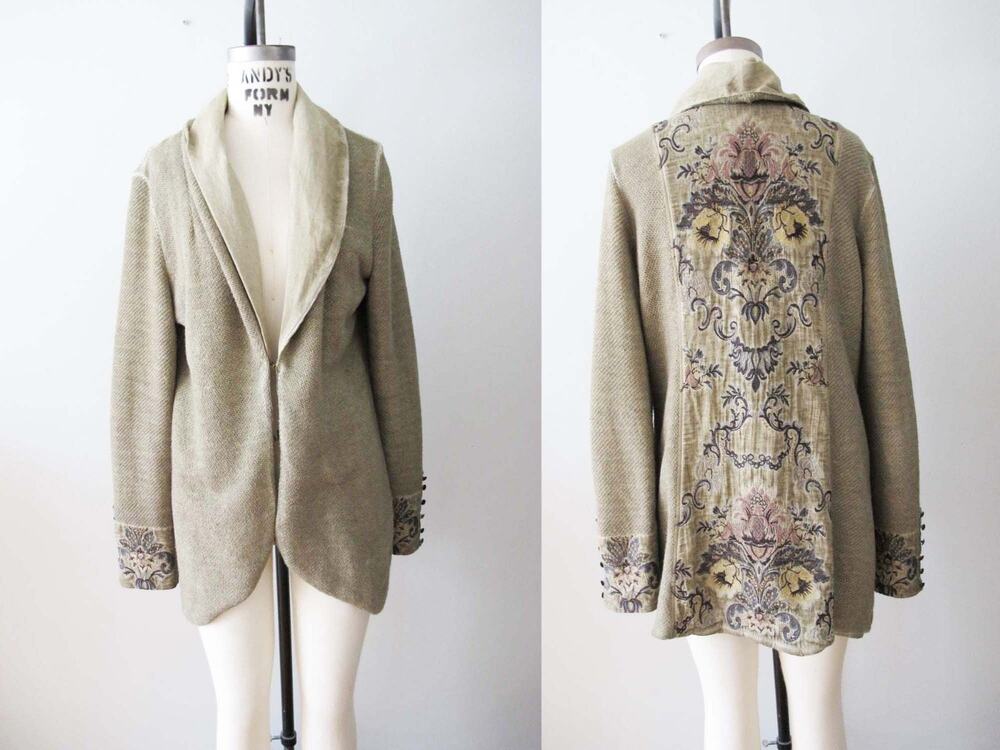 Soft Surroundings Embroidered Knit Shawl Collar Cardigan Sweater Tapestry S